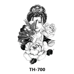 Adesivo per tatuaggio temporaneo da braccio nero con donna tradizionale e peonie.