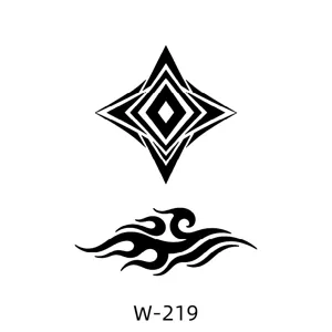 Feuille de tatouage temporaire minimaliste avec losange géométrique et motif de flamme noire.