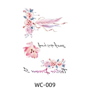 Watercolor floral feather temporary tattoo sticker waterproof body art design main view.