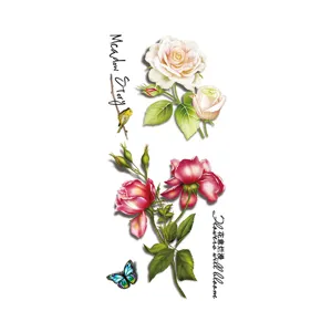 Autocollant de tatouage temporaire étanche 3D avec de jolies roses, des oiseaux et des papillons.