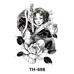 Black and white Japanese geisha samurai temporary tattoo sticker with peony flower art.