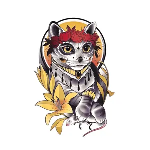 Wasserdichtes temporäres Tattoo Aufkleber Halbarm Katze Blumen Design Körperkunst für Damen Herren