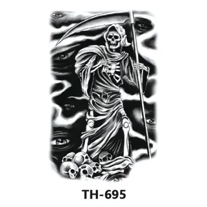 Gothic Grim Reaper black and white tattoo sticker for men and women, temporary body art.