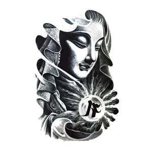 Schwarzes graues Buddha temporäres Tattoo, halber Arm wasserdichter Körperschmuck Aufkleber.