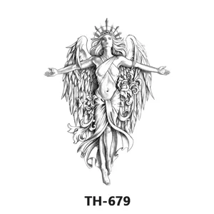 Black and white angel tattoo sticker for men and women, waterproof body art design.