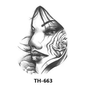 Black and white portrait rose tattoo sticker, temporary body art transfer for men and women