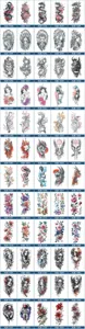 Vista dettagliata di adesivi per tatuaggi temporanei impermeabili con motivi floreali e teschi.