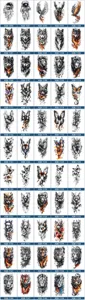 Catalogo di tatuaggi temporanei impermeabili con vari design per braccia e gambe.