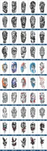 Temporary tattoo sticker catalog showing various wolf, lion, and astronaut designs for arms.