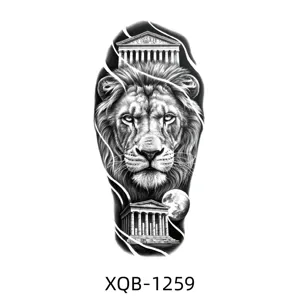 Black and white half arm lion temporary tattoo sticker with classical architecture design.