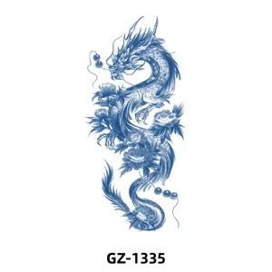 Autocollant de tatouage temporaire avec un design de dragon chinois bleu et de pivoine pour bras.