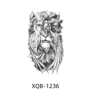 Black and white lion wolf Spartan warrior tattoo sticker temporary body art sticker design.