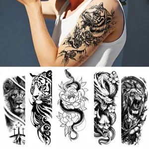 Water Transfer Tattoo Stickers Black And White Tiger Lion Dragon Flower Arm Temporary Fake Tattoo Waterproof Body Art Sticker