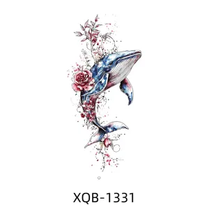 Colorful watercolor whale and rose temporary tattoo sticker, perfect for arm art body decoration.