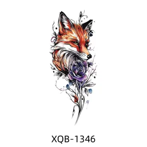 Watercolor fox temporary tattoo sticker with purple rose, waterproof body art for arm decor.