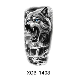 Temporary wolf tattoo sticker half arm black and white realistic forest waterfall design
