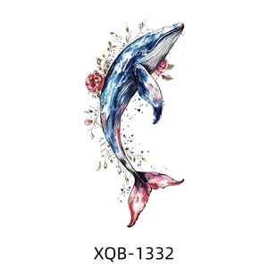 Water-resistant temporary tattoo sticker featuring a watercolor blue whale and gorgeous roses.