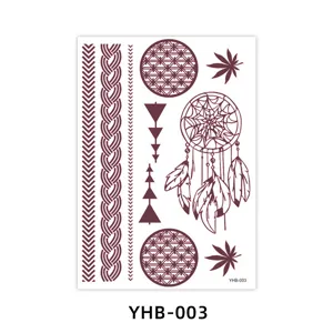 Brown henna temporary tattoo sticker sheet with dreamcatcher and tribal lace boho designs.