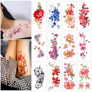 Women's Waterproof Temporary Tattoo Stickers Floral Rose Peony Plum Blossom Body Art Transfer Fake Tattoos Decals