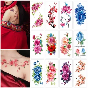 Waterproof floral temporary tattoo stickers set for women, featuring rose and peony flower designs.
