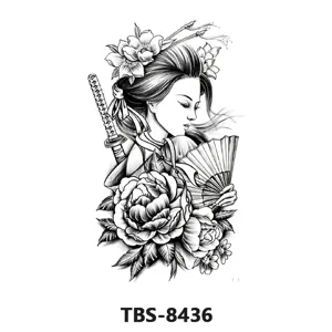 Waterproof temporary tattoo sticker featuring a sketch geisha woman, flowers, and fan design.