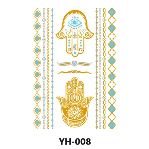 Metallic temporary tattoo sheet featuring hamsa hand and geometric chain designs in gold silver blue.
