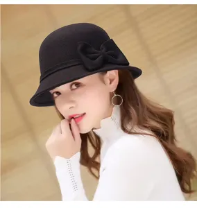 Chapeau cloche en laine rétro d'automne pour femmes avec nœud, chapeau de bassin chaud élégant