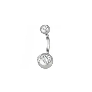 Stainless steel curved navel ring with sparkly cubic zirconia double crystal balls detail.