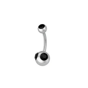 Stainless steel curved barbell navel ring with black crystals, chic body piercing jewelry.