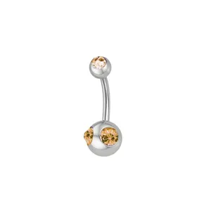 Detailed view of stainless steel belly button ring with sparkling champagne cubic zirconia stones.