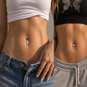 Κομψό κόσμημα piercing για αφαλό από ανοξείδωτο ατσάλι με διπλή ζιρκόνια εξαιρετικά λαμπερό