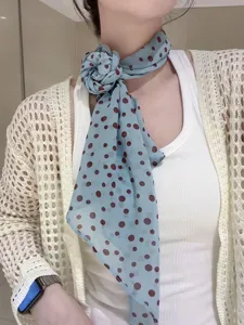 Light blue polka dot long silk scarf, chic neck ribbon and hair accessory for women.