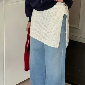 Women cable knit faux skirt layered waist wrap button winter fashion stylish chic clothing