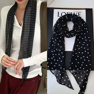Elegant black and white polka dot long scarf for women, versatile retro silk ribbon hair accessory.