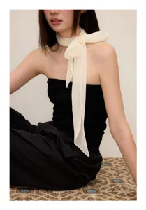 Elegant pleated narrow silk scarf for women, chic neck ribbon, versatile spring summer accessory.