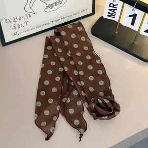 Chic brown polka dot ribbon silk scarf with rose flower detail, elegant long scarf for women.