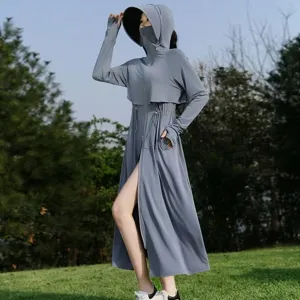 Long sun protection clothing detail view, gray outdoor UV block coat with large brim hood.
