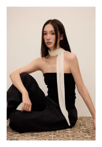 Korean solid color pleated artificial silk long skinny scarf for women, stylish neckerchief.