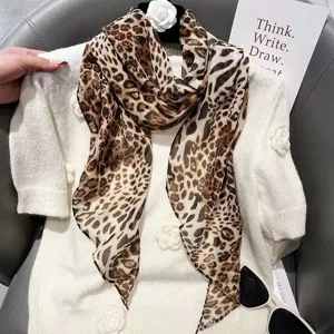 Leopard print silk scarf long hair band stylish neck wrap versatile fashion accessory women