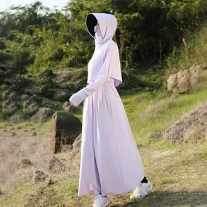 Women long sun protection clothing with large brim, waist-cinching UV defense outdoor jacket.