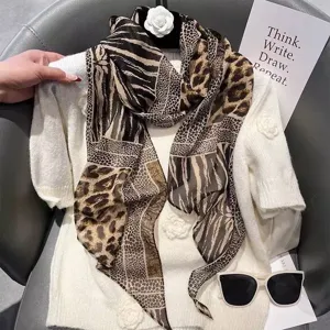 Chic animal print long silk scarf for women, trendy patchwork design neck ribbon and hair accessory.