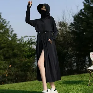 Long sun protection clothing women outdoor UV blocking hooded ice silk black coat dress