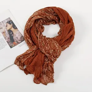 Women spring autumn floral scarf vintage pleated voile shawl soft breathable neckerchief