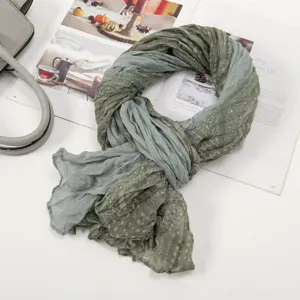 Details of women autumn spring crinkle floral scarf, elegant green grey vintage shawl.