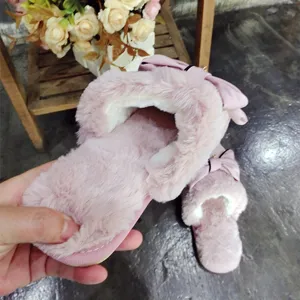 Women pink plush fluffy slippers with cute bow handmade warm indoor home shoes winter wear