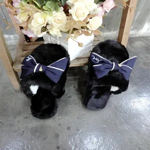 Korean style handmade bow women slippers plush winter warm fuzzy indoor shoes black pair