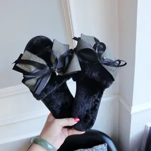 Women winter plush open toe slippers with handmade bow and warm soft faux fur upper design