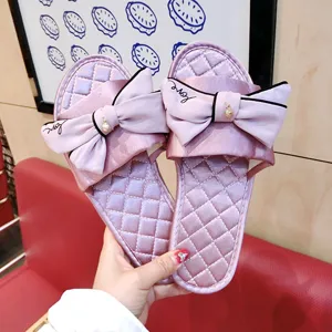 Femmes pantoufles en satin doux nœud chaussures de maison léger confort intérieur rose