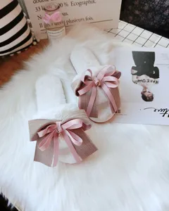 Women winter plush open toe slippers with elegant handmade bows warm indoor home shoes