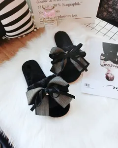 Plush open toe slippers for women with handmade bow, cozy indoor warm fuzzy slides for winter.